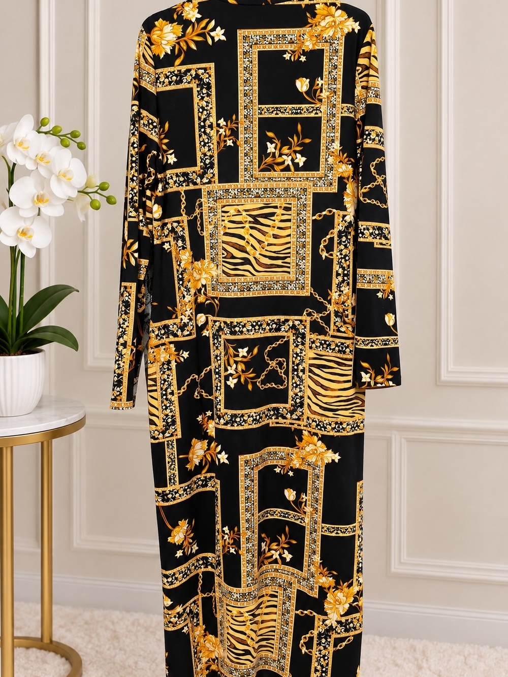 SHEIN Black and Gold Baroque Chain Print Long Sleeve Maxi Dress